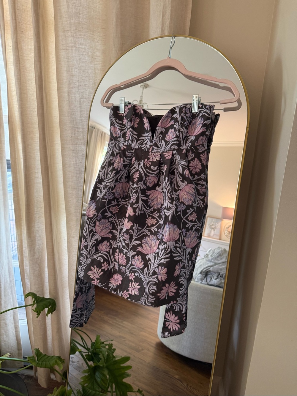 Free People Black Mini Dress with Pink Floral Jacquard